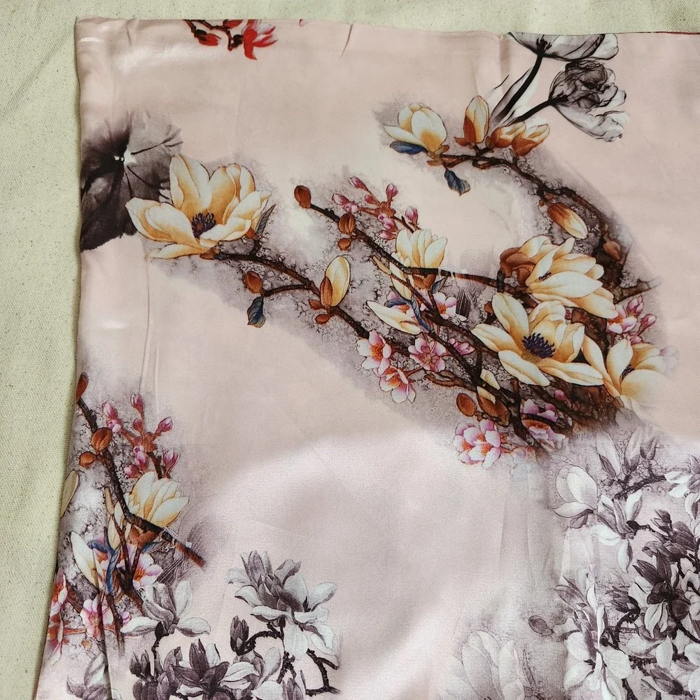 100% Silk Reversible Floral Scarf Pink Red Blossom Tree Branches Long Wrap 66x18